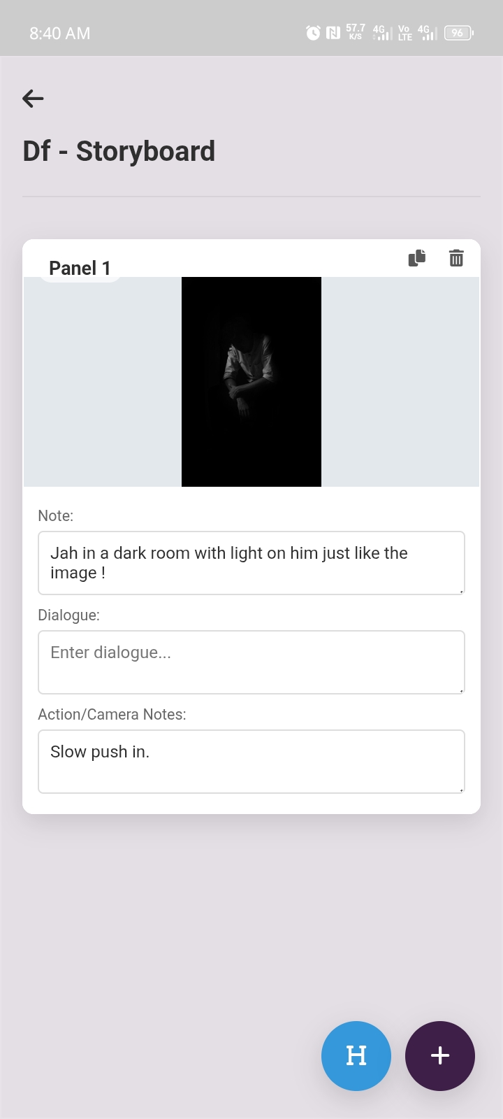 App screenshot of the storyboard feature with image uploads.