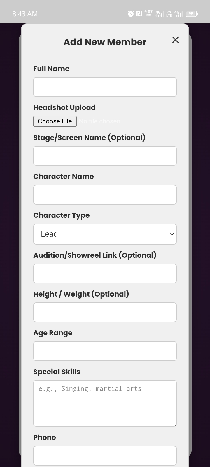 App screenshot of the file-sharing interface for scripts and documents.